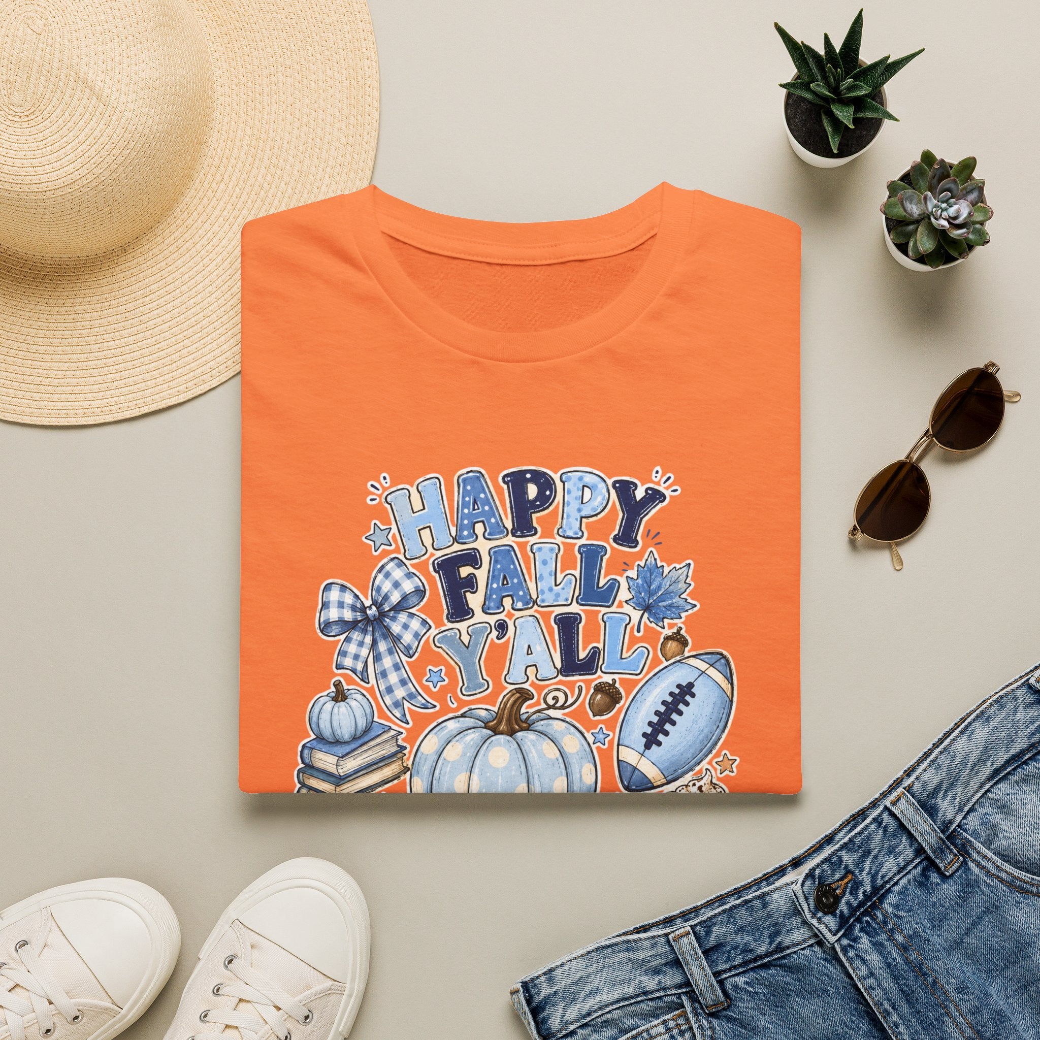 Happy Fall Y'all T-Shirt — Blue Pumpkin & Football Autumn Tee