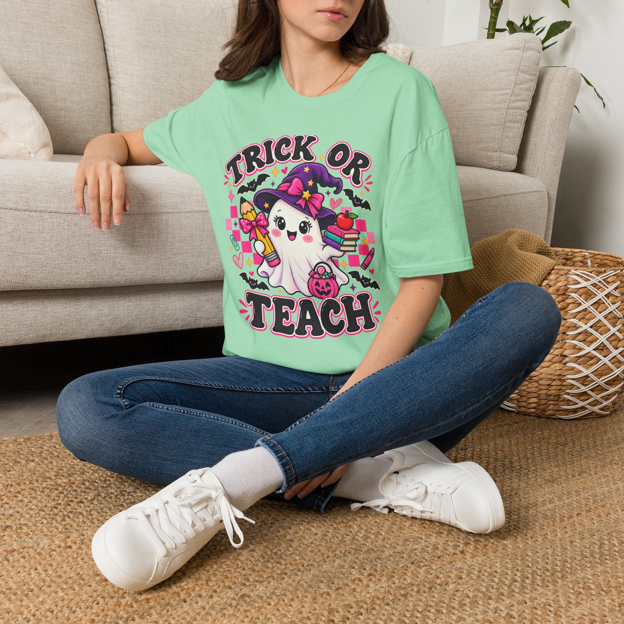 Trick or Teach T-Shirt — Cute Witch Ghost Teacher Halloween Tee