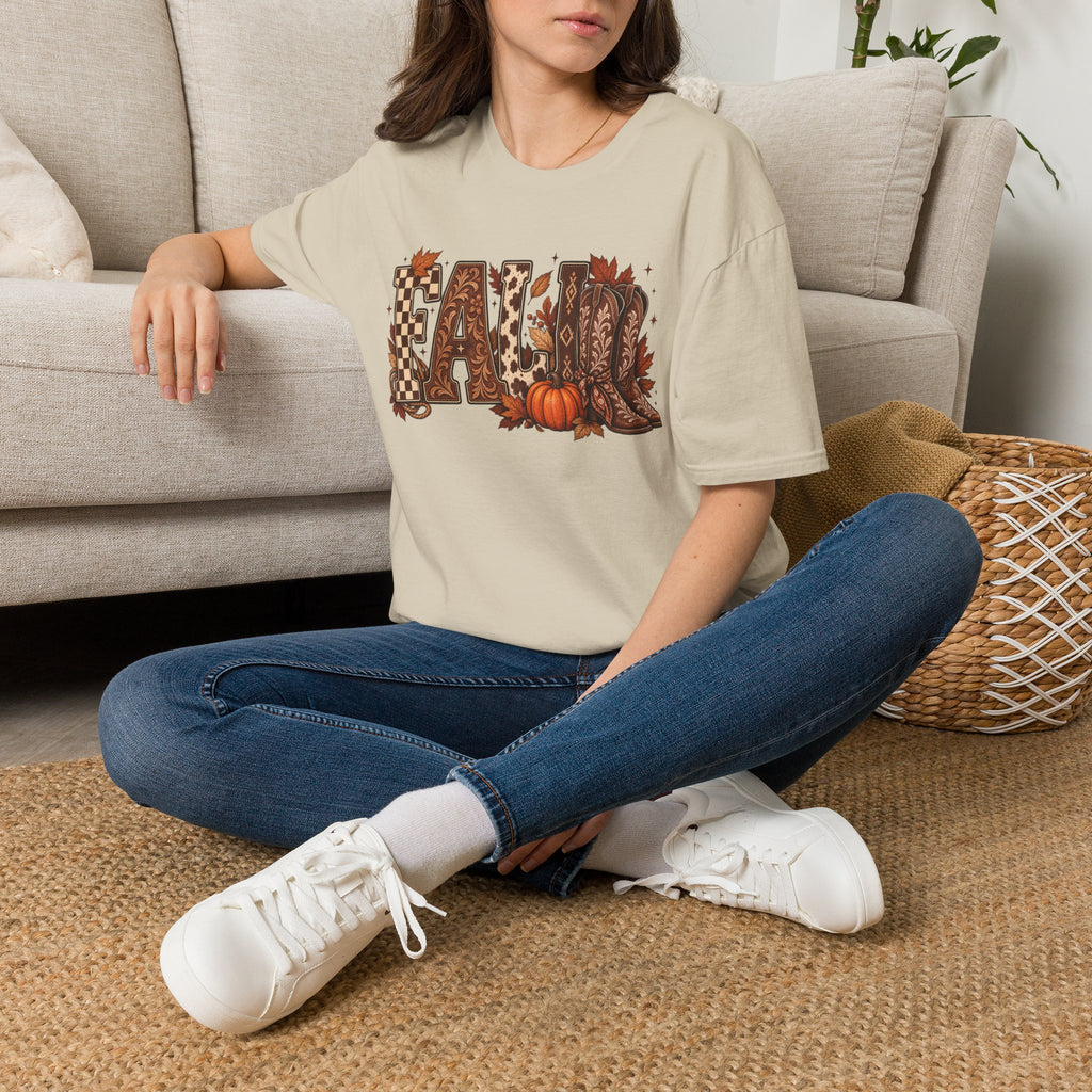 Fall Graphic T-Shirt — Pumpkin & Cowgirl Boots Autumn Tee